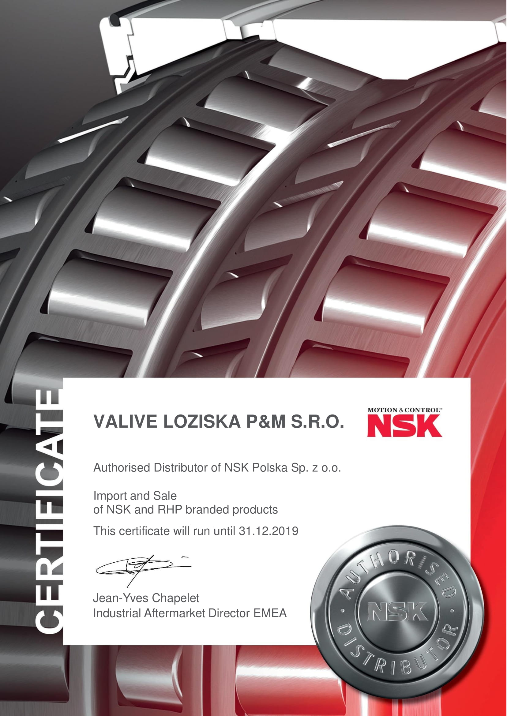 Certificate authorised distributor of NSK